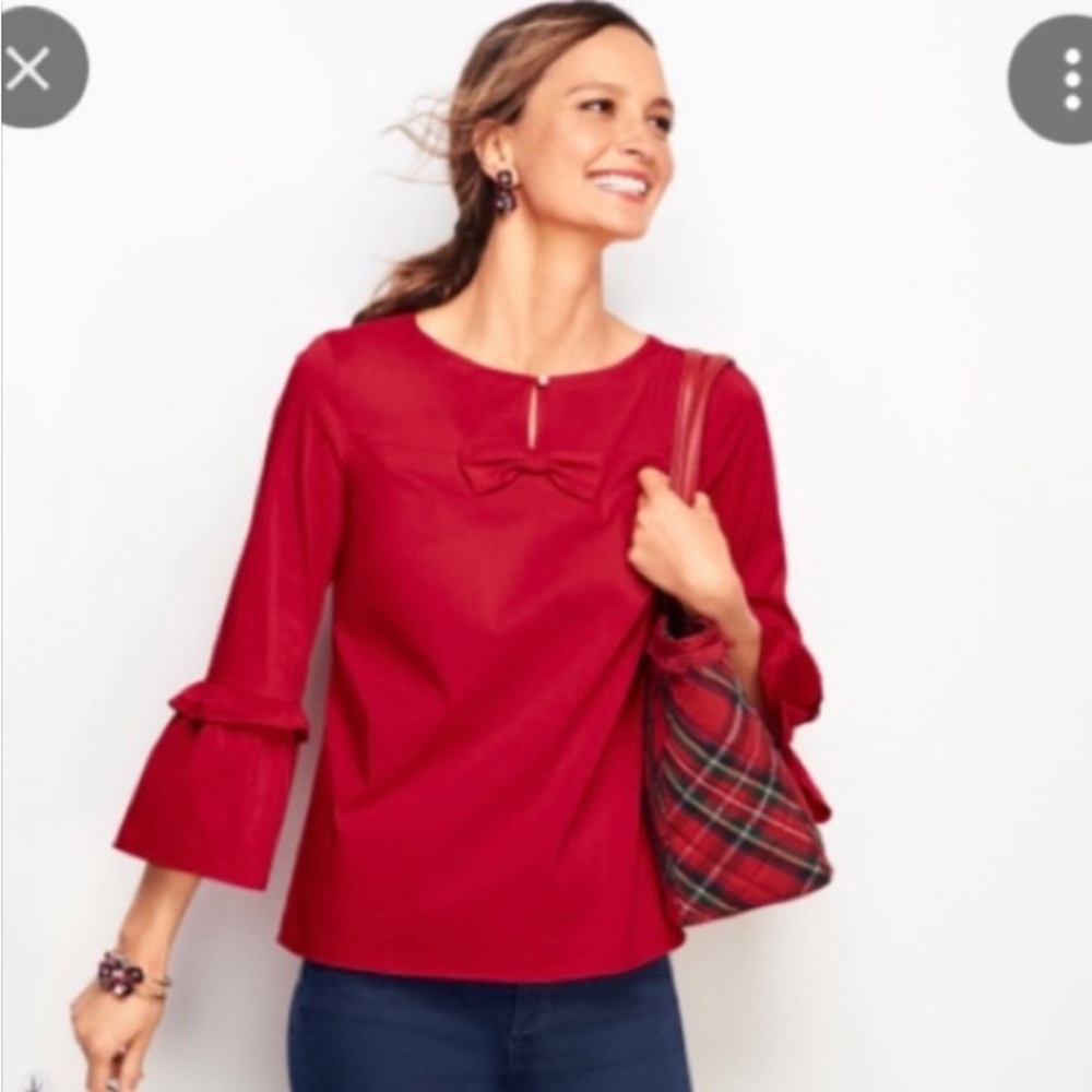 Talbots Red Cotton Poplin Stretch Bell Sleeve Blouse w/ Bow and Pearl Detail XS